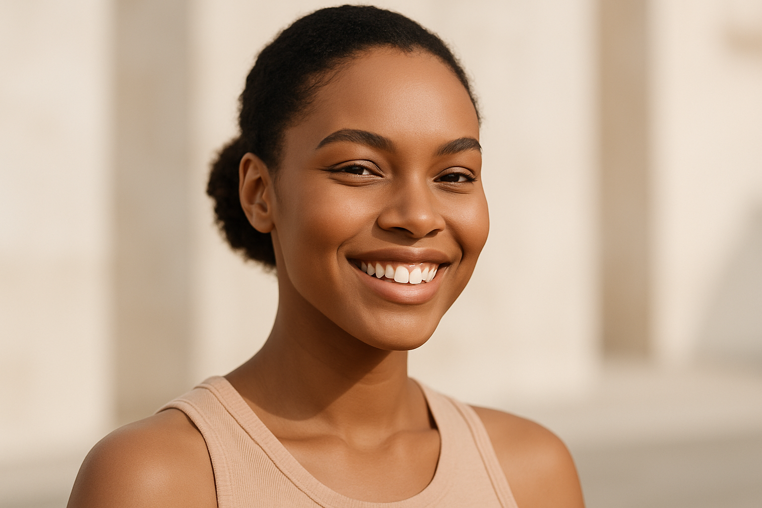 A confident young woman with radiant matte skin, smiling outdoors in natural daylight. She has no shine on her face, just a smooth matte finish. Minimal makeup look, clean background with soft neutral tones (beige, cream, white). Editorial style, high-resolution beauty photography.