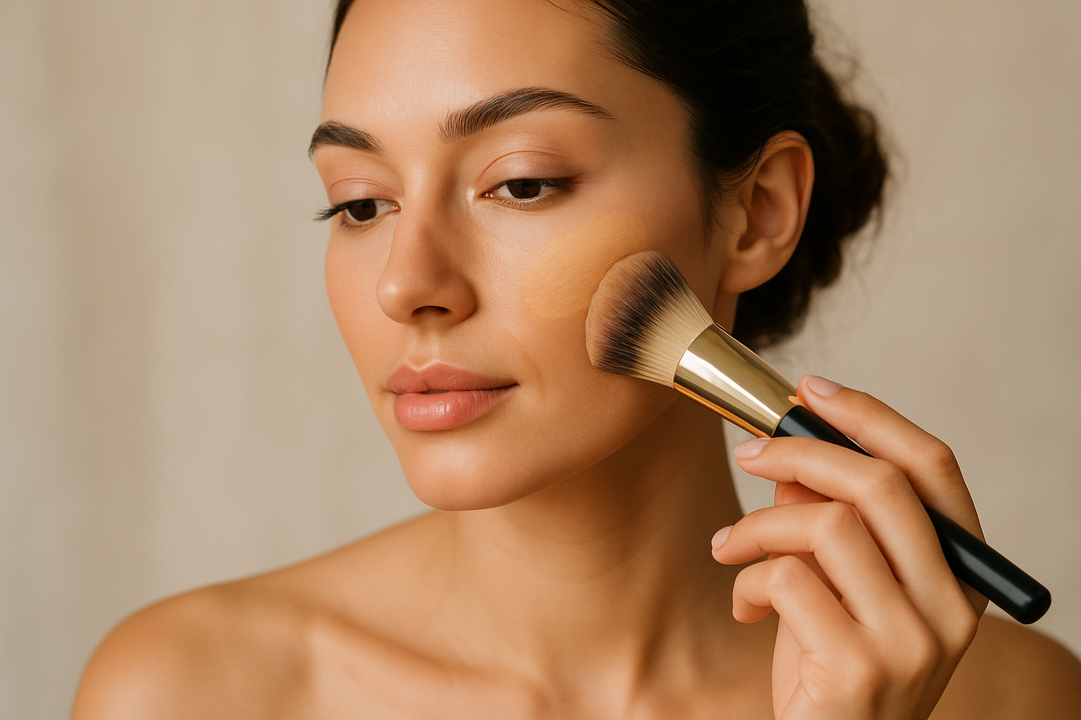 create a women with a makeup brush apply foundation to her face