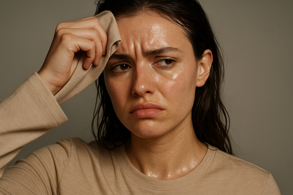 “Editorial-style beauty photo of a young woman with oily skin. Her makeup is starting to look shiny, and she’s gently blotting her forehead with the sleeve of her shirt, looking frustrated. Realistic lighting, modern fashion magazine style, minimal background with muted tones. Aesthetic: clean, relatable, raw, high-fashion photography.”