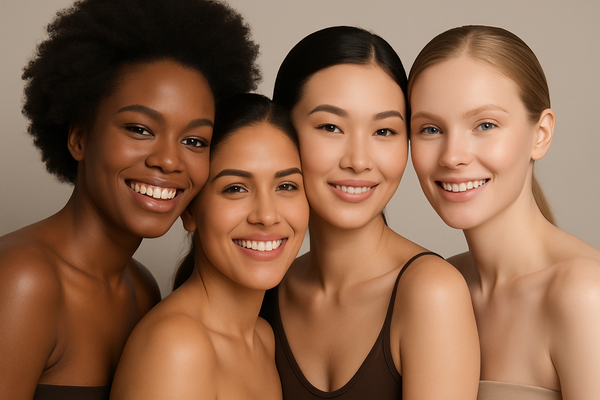 Empowering editorial portraits of diverse women with perfectly matte, shine-free skin. Include representation of Black, Latina, Asian, and White models. Each woman is confident, smiling, relaxed, and looking directly at the camera. Background minimal, soft lighting. The mood should feel empowering, modern, and aspirational — like a high-end beauty campaign. Aesthetic: Fenty Beauty meets Vogue editorial, showcasing inclusivity and confidence in every face.”
